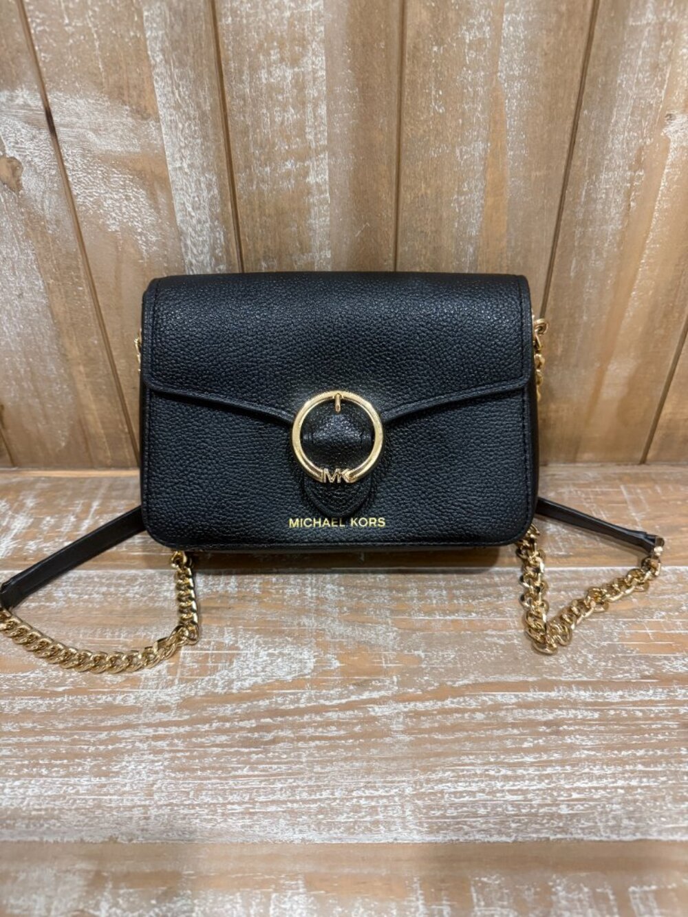 Michael Kors Wanda Crossbody Bag Black Pebbled Leather Structured Chain Strap